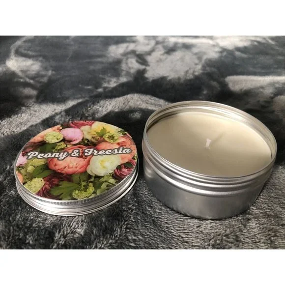 Hand Poured Candle Coconut And Soy Blend 4 Ounce Tin Peony In Freesia - Picture 4 of 4